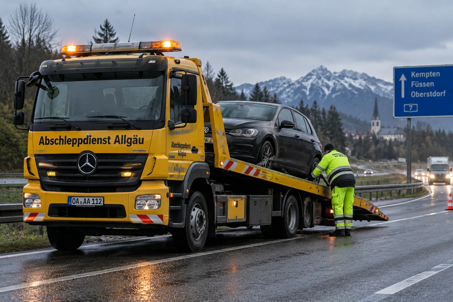 Abschleppwagen lädt ein liegengebliebenes Fahrzeug auf der Autobahn auf – Abschleppdienst Elchingen