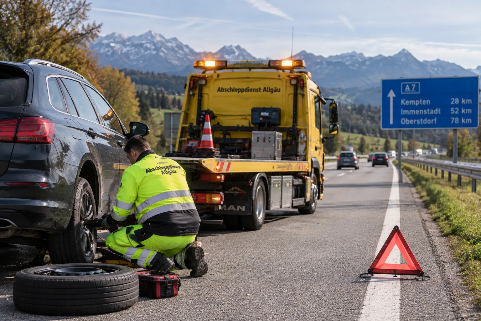 Pannenhelfer wechselt am Straßenrand ein Rad, im Hintergrund der Abschleppwagen und ein Warndreieck – Pannenhilfe Elchingen