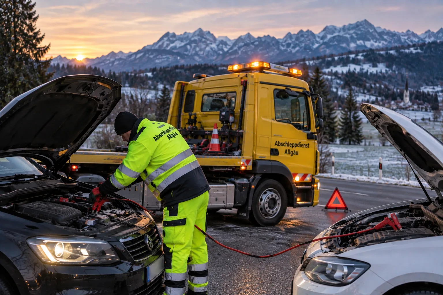 Pannenhelfer gibt einem Fahrzeug mit Überbrückungskabeln Starthilfe, im Hintergrund der Abschleppwagen – Starthilfe Elchingen
