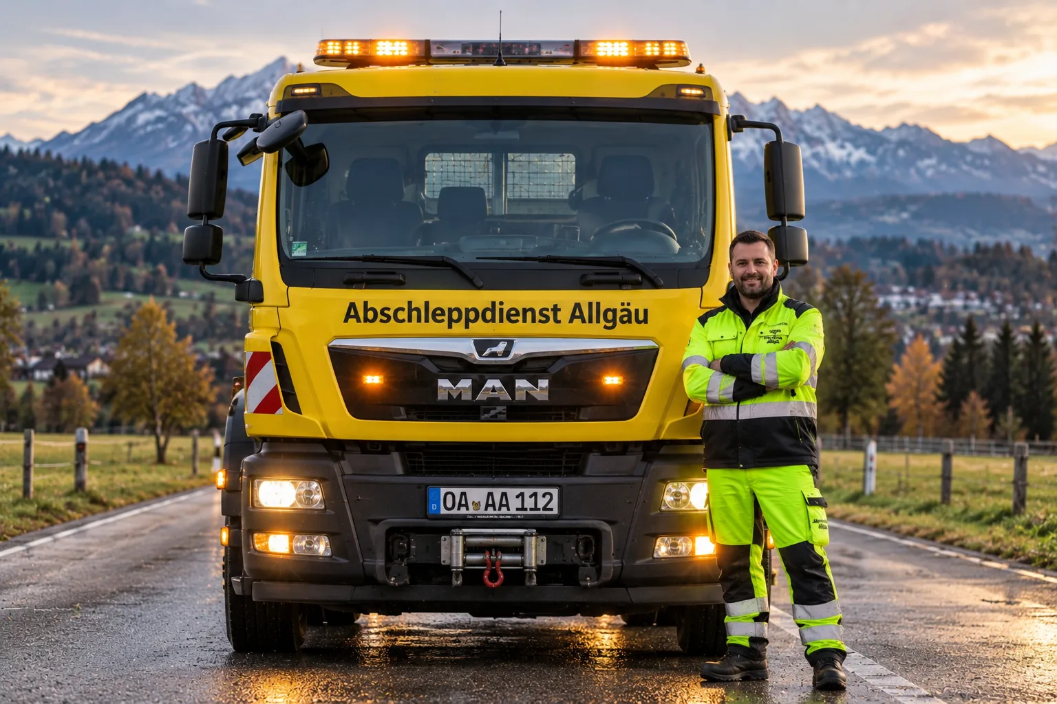 Abschleppfahrer steht vor seinem Abschleppwagen