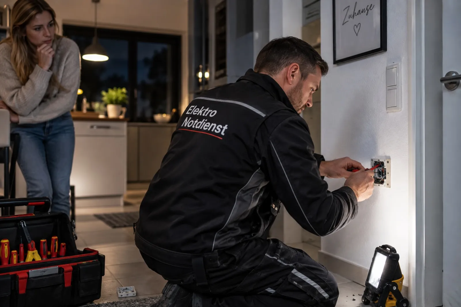Elektriker behebt einen Stromausfall an einer Steckdose, während die Kundin zusieht – Elektriker Notdienst Hoßkirch